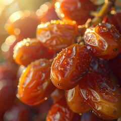Close-up Macro Shot of Ripe Red Grapes Covered in Dew Drops Illuminated by Golden Sunlight Creating a Bokeh Effect