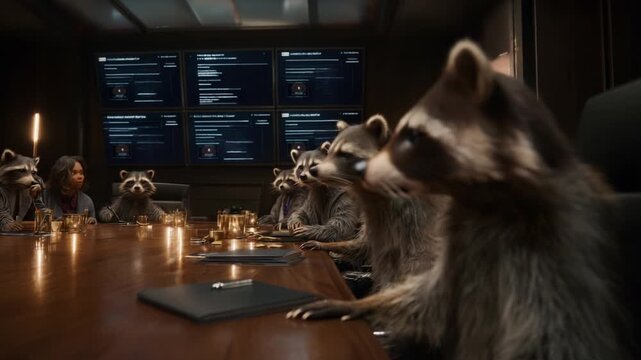 A group of raccoons engaged in a serious discussion around a conference table, surrounded by monitors displaying data and charts, showcasing a unique 