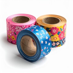 Three Decorative Floral Patterned Ribbon Rolls In Pink Blue And Orange On White Background With Soft Shadows