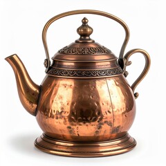 Antique Copper Teapot With Ornate Engravings And Hammered Texture On A White Background