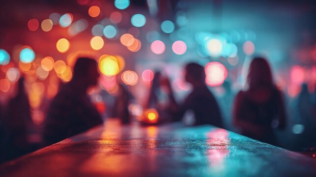 Blurred silhouettes of people at a bar with colorful bokeh lights creating a vibrant atmosphere