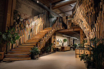 Creative office interior with sculptural staircase built from recycled wood. Sustainable architecture photography highlighting eco design, innovation and modern workspace aesthetics, ideal for green b