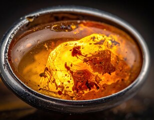 Macro view of a natural rough amber stone encased in a silver bezel setting showing intricate inclusions and warm glowing light against a dark textured background