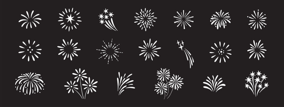 Firework doodle and festive handdrawn firecracker, big set. Celebration sketch icons with confetti, sparkles, magical explosive bursts. For party, holiday design. Vector illustration on black bg