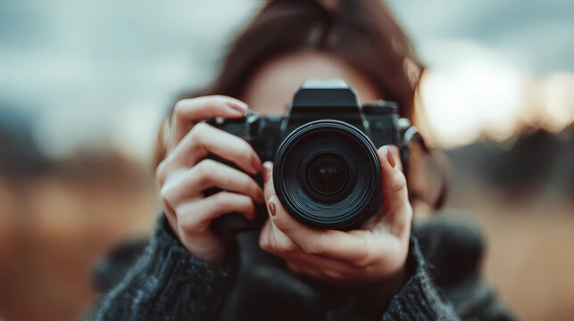 Close-up of hands holding a high-end professional camera while framing a beautiful shot, Generative AI illustrations.