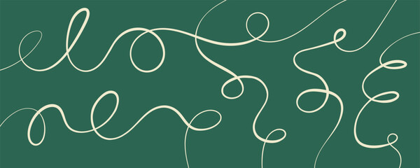Abstract beige squiggly continuous lines forming smooth loops on green background. Line cable wavy stroke