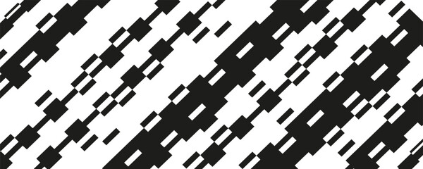Abstract black geometric diagonal pattern with pixelated rectangular blocks on white background. High contrast rhythm modern digital structure.
