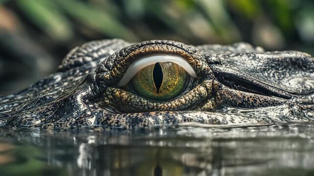 Close-up of a crocodiles eye, showcasing detail and reflection in water.