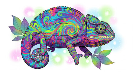 Fototapeta premium psychedelic chameleon illustration with vibrant swirl patterns and leaves on a white background