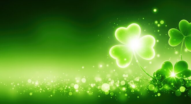 A vibrant green background with glowing four-leaf clovers and sparkling lights
