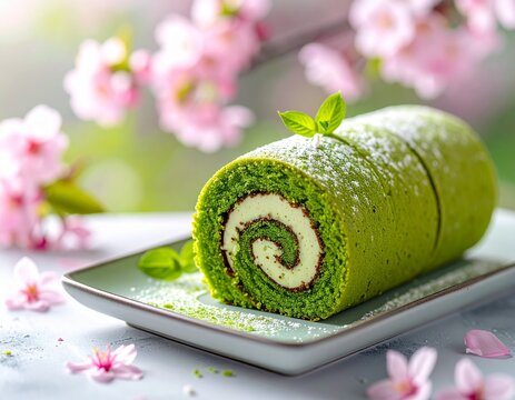 桜並木背景と抹茶ロールケーキの春スイーツ