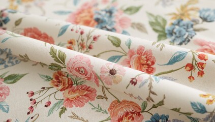 Displaying folded floral fabric draping on studio tabletop, showing woven texture and flower motifs