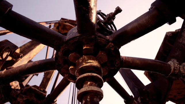 Close-up of an industrial wellhead assembly with intricate steel pipes. safety posters, maintenance manuals, designed for precision metalworking and fabrication facilities.