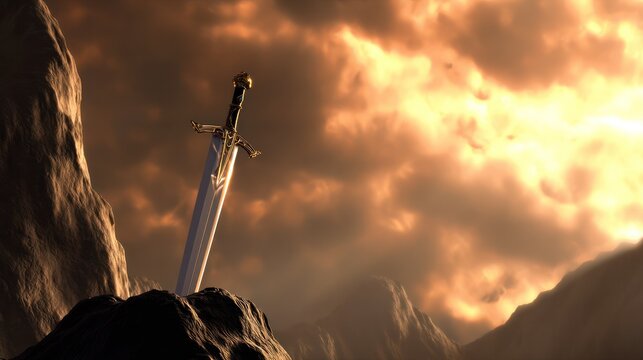 Knight's longsword thrust into craggy rock, dramatic sunset backlight, heroic. inspiring travel planning, event programs, designed for cultural heritage projects and event programs.