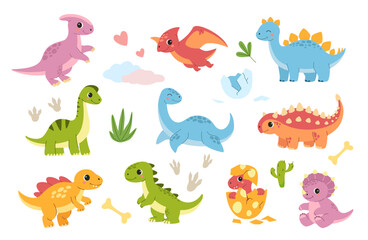 Cute baby dinosaur. Cartoon dino characters, prehistoric animals. Happy fantasy dragons, kids funny triceratops, comic stegosaurus. Fossil creatures, little brachiosaurus mascot vector isolated set © Ukio.stock
