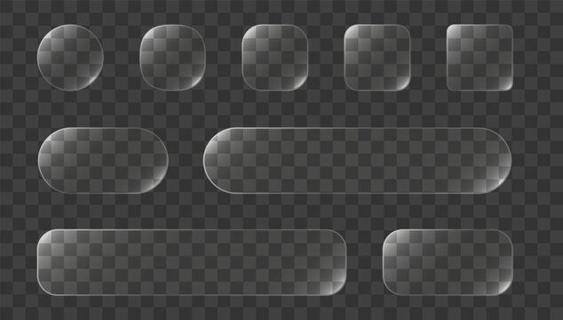 3D liquid glass buttons. Circle, square and rectangle, squircle box with glassmorphism effect and reflection. Transparent minimal UI app button set. Glossy glass screen interface frame. Vector icons.