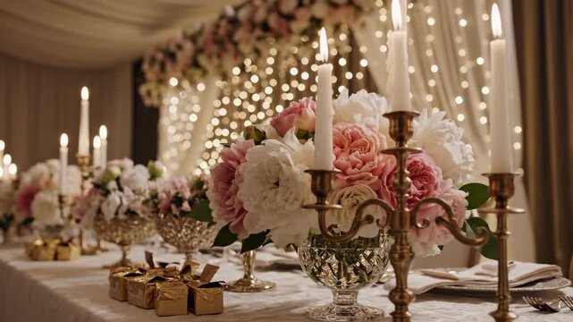 Elegant Wedding Reception Table Setting with Flowers and Candles.