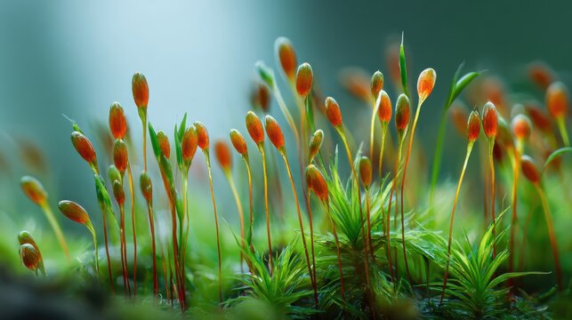 Tiny moss sporophytes (capsules) standing tall, looking like an alien forest, macro landscape