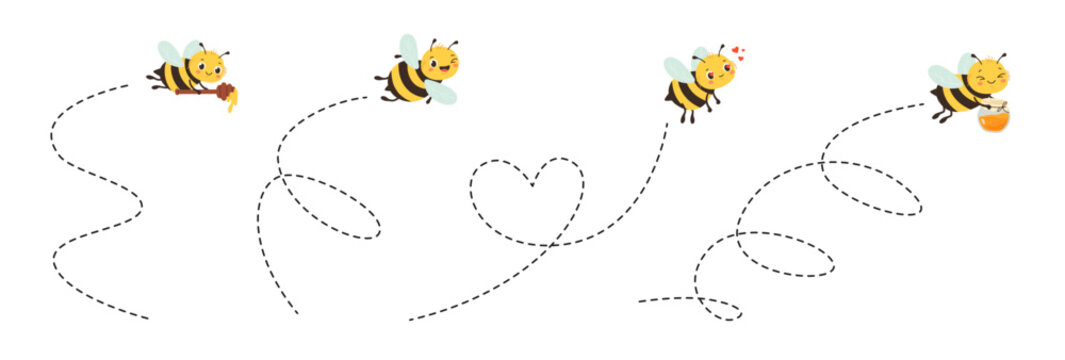 Cute cartoon flying bees tracing dotted paths. Funny honeybee with spiral, heart shaped trace. Happy smiling bumblebee insect characters, bumble vector isolated mascots. Children