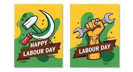 Fototapeta premium Happy Labour Day Illustration Featuring Hammer and Wrench Symbols