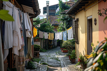 Fototapeta premium Colorful laundry hanging across a sunlit old courtyard with textured walls. Authentic travel photography capturing everyday life and cultural atmosphere, ideal for tourism and storytelling themes