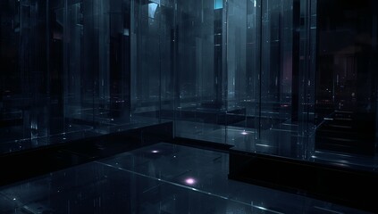 Obraz premium Revealing glass columns lining shiny floor panels in futuristic atrium, with blue lights