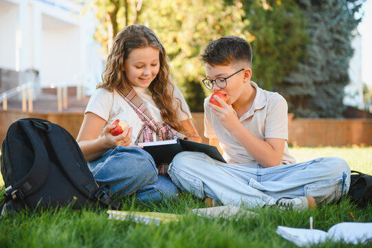 Schoolchildren studying together and eating apples on campus grass