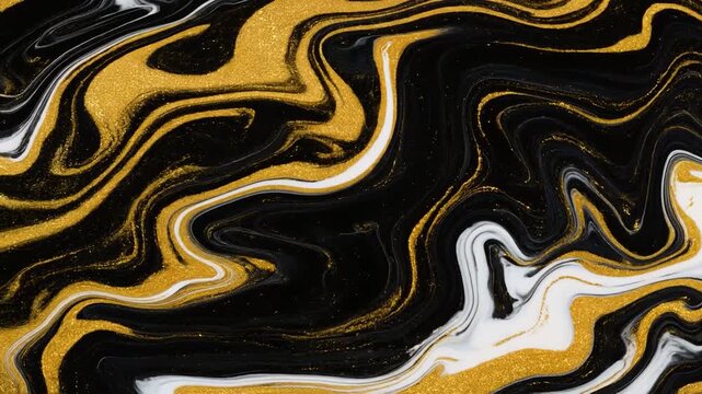 Abstract animation liquid marble textures flowing slow motion gold black white futuristic cinematic surreal ethereal ambience cascading softly glowing abstract unique style