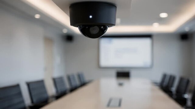 Close-up of a ceiling-mounted surveillance camera overlooking an empty meeting room with table and chairs. Business office security and monitoring concept.