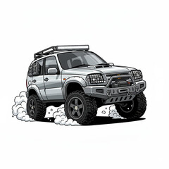 Fototapeta premium Caricature off-road car with 4X4 vehicle illustration art. High quality.