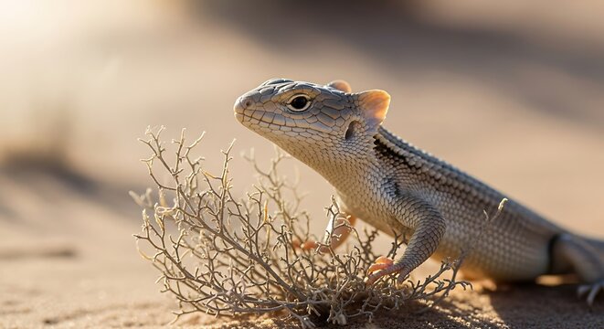 Desert skink near dry vegetation