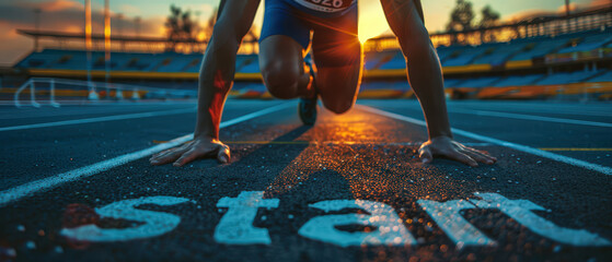 Athlete runner in starting position on athletics track at sunrise with focus and determination. Sports training scene symbolizing motivation to start new year 2026, goal setting, new beginning.