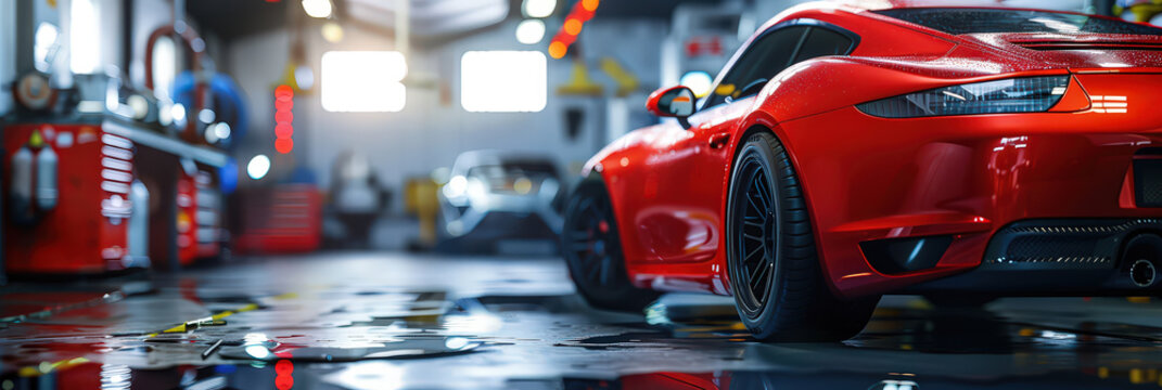 Red sports car with open hood inside professional auto repair garage. Modern workshop interior with tools, equipment and focus on vehicle maintenance, technology and automotive service.
