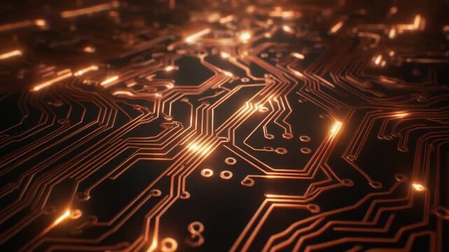 Abstract circuit surface animated copper pathways emitting bright energy futuristic cinematic surreal ethereal ambience cascading softly glowing abstract unique style