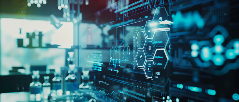 Futuristic laboratory scene with glass bottles, neon lighting and digital interface overlays, creating a modern scientific atmosphere with technology, research and innovation elements.