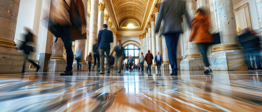 Wide angle shot of people walking through a government building interior, showing daily public movement, institutional architecture and formal administrative environment.