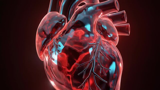 A detailed 3D model of a human heart showcasing its internal structure and vessels from a frontal viewpoint, illustrating the complexity of the cardiovascular system in a digital rendering.