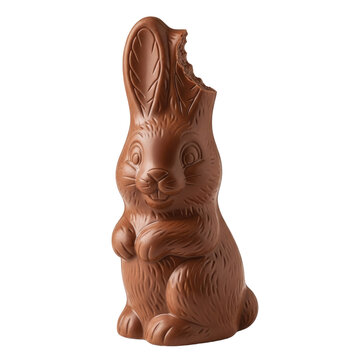 A close-up of a chocolate bunny with a bitten-off ear, isolated on a transparent background. Symbolizes Easter treats, enjoyment, and festive celebration.