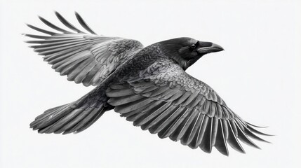 Obraz premium Detailed black and white close-up of a raven in flight against a stark white background