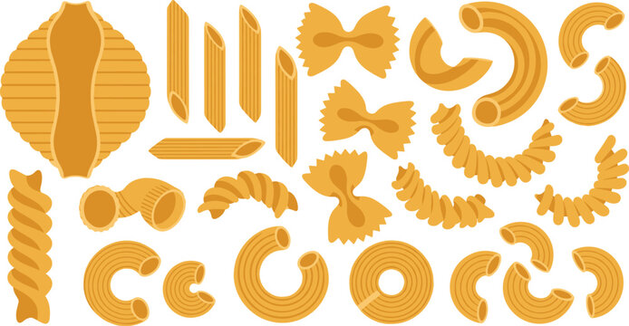 Italian Pasta Shapes Vector Set Featuring Spaghetti, Fusilli, Farfalle, Penne, Macaroni and Traditional Dry Noodle Varieties Collection