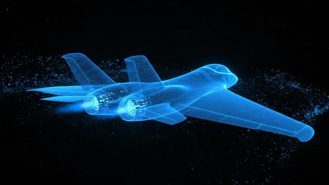 Blue wireframe hologram of a modern fighter jet rotating in a dark space environment with glowing particles and engine ignition. High-tech aviation engineering and futuristic prototype concept