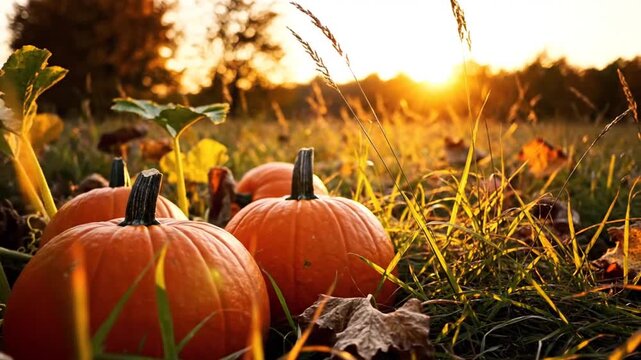 Warm cinematic view of pumpkins in meadow grass with glowing sunset and distant trees, capturing peaceful autumn harvest atmosphere, seasonal nature beauty, and rustic countryside mood.