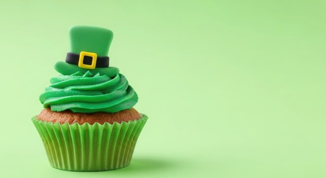 A cupcake with green frosting and a tiny leprechaun hat on top for St. Patrick's Day