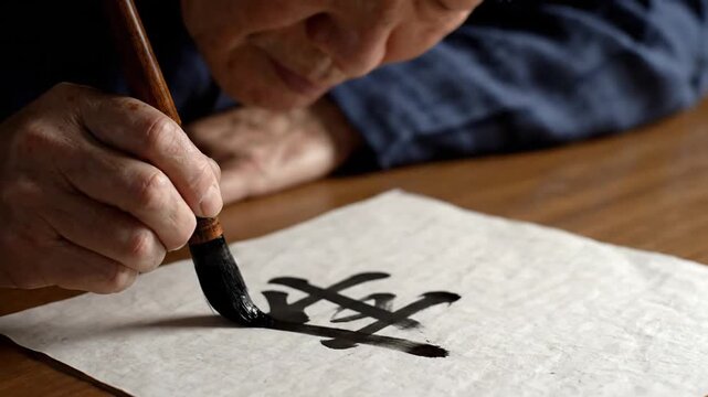 Elderly person practicing traditional Chinese calligraphy with a brush on paper