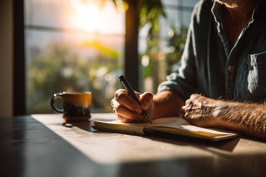 Man writing in a notebook by warm sunset light at home, cinematic lifestyle style. Concept of reflection, creativity and mindfulness, ideal for self-development and mental health themes