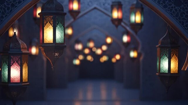 Arabic Lanterns Decorating Hallway Archway with Colorful Lights Glowing