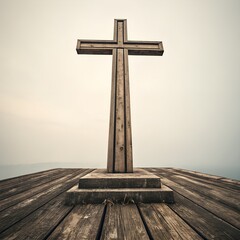 Christian cross on a wooden platform in a serene landscape, symbol of faith