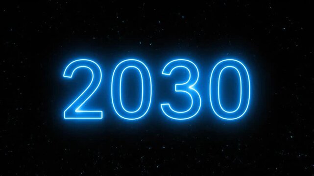 Neon blue "2030" text glows against a black background. Futuristic, modern design