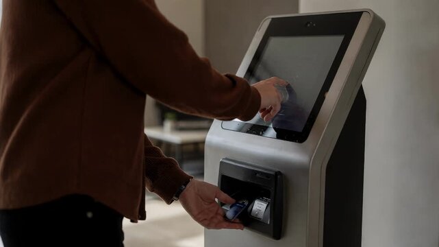 Customer uses a touchscreen self service kiosk and inserts a payment card in a bright modern indoor lobby. Concept of digital check in and contactless service.