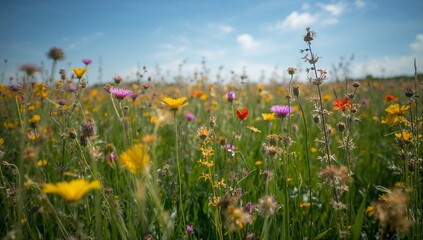 Obraz premium Blooming wildflower cluster swaying in sunlit meadow, with yellow daisies, pink asters, red poppies